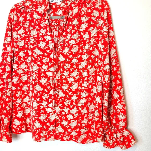 ZARA Floral Print Ruffles Tie Front Shirt Blouse Red - Picture 8 of 12